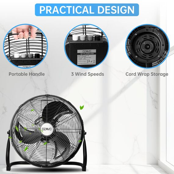 OZAVO Standventilator, Windmaschine ⌀35 cm mit 3 Laufgeschwindigkeiten, Bodenventilator Power, Tischventilator Metall, Luftkühler, verstellbare Neigungswinkel, 50W, Schwarz