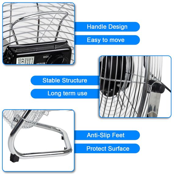DAWOO Windmaschine Bodenventilator 95W Standventilator Leistungsstarker mit 3-Leistungsstufen 45cm High Velocity Standventilator Retro für Werkstatt, Verstellbare Neigungswinkel (45CM, Chrome)
