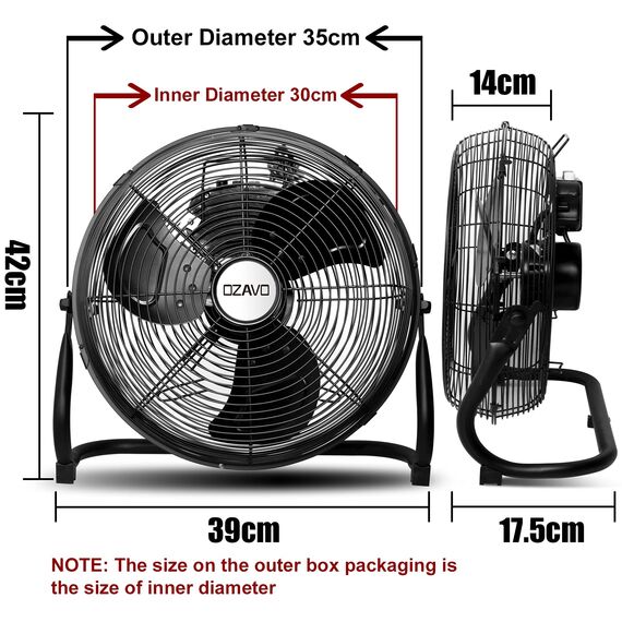 OZAVO Standventilator, Windmaschine ⌀35 cm mit 3 Laufgeschwindigkeiten, Bodenventilator Power, Tischventilator Metall, Luftkühler, verstellbare Neigungswinkel, 50W, Schwarz