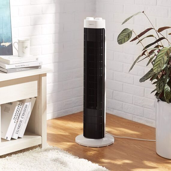 Amazon Basics – Tragbarer Turmventilator mit Timer, 3 Geschwindigkeitsstufen, oszillierend, 45 W, Weiß