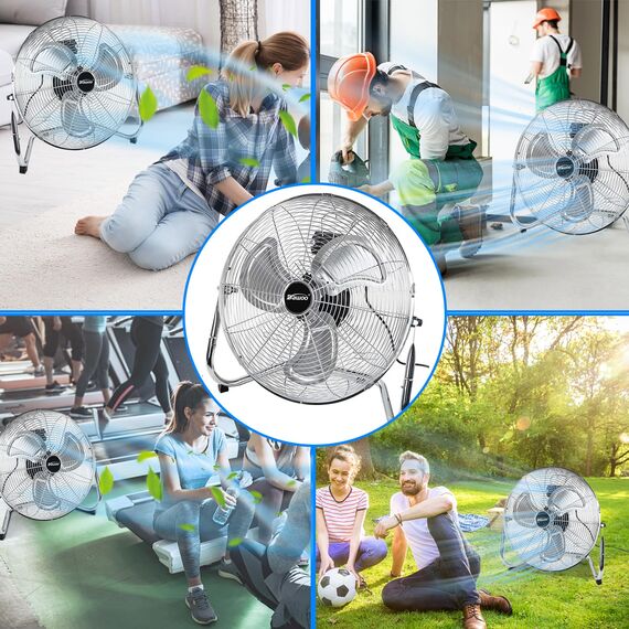 DAWOO Windmaschine Bodenventilator 95W Standventilator Leistungsstarker mit 3-Leistungsstufen 45cm High Velocity Standventilator Retro für Werkstatt, Verstellbare Neigungswinkel (45CM, Chrome)