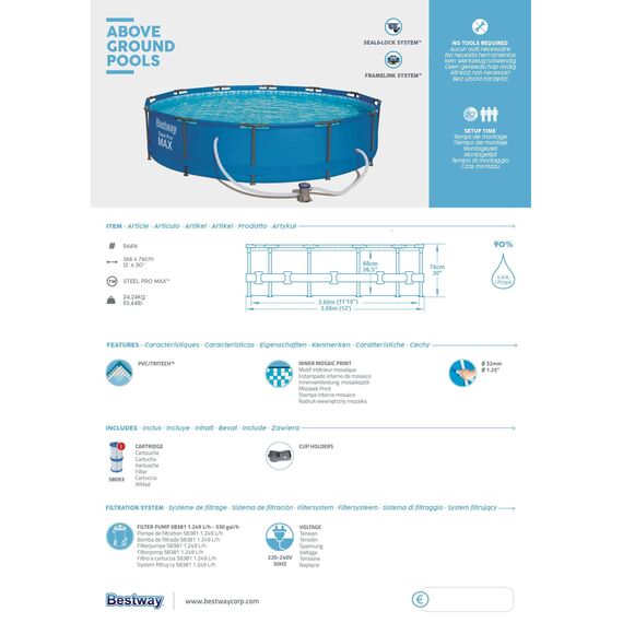 Bestway Steel Pro Max Pool Set 366x76 cm, Frame Pool rund im Set, inklusive Filterpumpe und Getränkehaltern