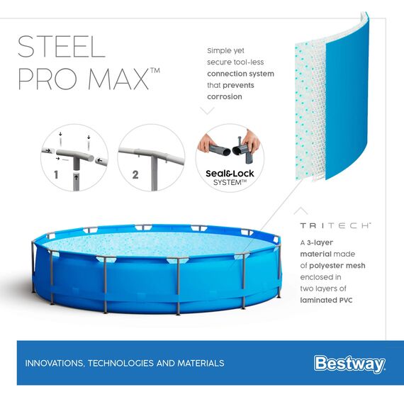 Bestway Steel Pro Max Stahlrahmenpool-Set mit Filterpumpe und Zubehör, 10220 L, blau, 427 x 427 x 84 cm