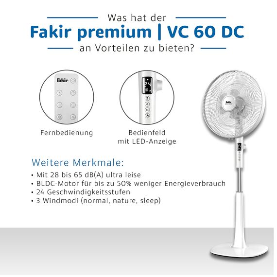 Fakir prestige VC 60 DC – Standventilator mit Fernbedienung & 24 Leistungsstufen I Ventilator mit 90 °Oszillation & Timer I Höhenverstellbar von 110-140 cm I Weiß I 28 Watt, 6959009