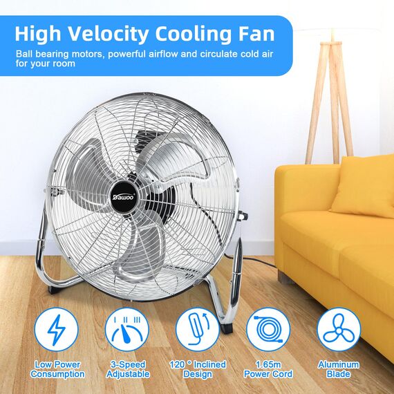 DAWOO Windmaschine Bodenventilator 95W Standventilator Leistungsstarker mit 3-Leistungsstufen 45cm High Velocity Standventilator Retro für Werkstatt, Verstellbare Neigungswinkel (45CM, Chrome)