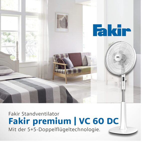 Fakir prestige VC 60 DC – Standventilator mit Fernbedienung & 24 Leistungsstufen I Ventilator mit 90 °Oszillation & Timer I Höhenverstellbar von 110-140 cm I Weiß I 28 Watt, 6959009