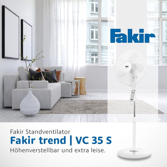 Fakir trend VC 35 S – Höhenverstellbarer leiser Standventilator mit stabilem Sockel & 3 Leistungsstufen I Ventilator mit 90° Oszillation & Timer I Höhenverstellbar von 110-150 cm I Weiß | 60 Watt