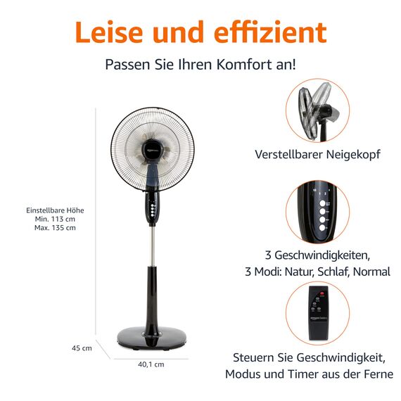 Amazon Basics Standventilator 40 cm mit Fernbedienung, für Schlafzimmer, Wohnzimmer, Büro, 3 Geschwindigkeiten, 3 Modi, Timer, Doppelschicht-Rotorblätter, Höhenverstellbar,Neigbarer Kopf, 60W, Schwarz
