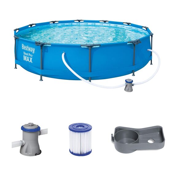 Bestway Steel Pro Max Pool Set 366x76 cm, Frame Pool rund im Set, inklusive Filterpumpe und Getränkehaltern