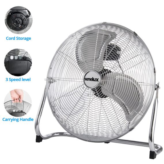 Senelux Bodenventilator - Chrome Gym Fan - 50,8 cm elektrischer tragbarer Lüfter für den Heim-/Fitnessraum-/Bürogebrauch – 3 Geschwindigkeitsstufen mit Neigungsfunktion