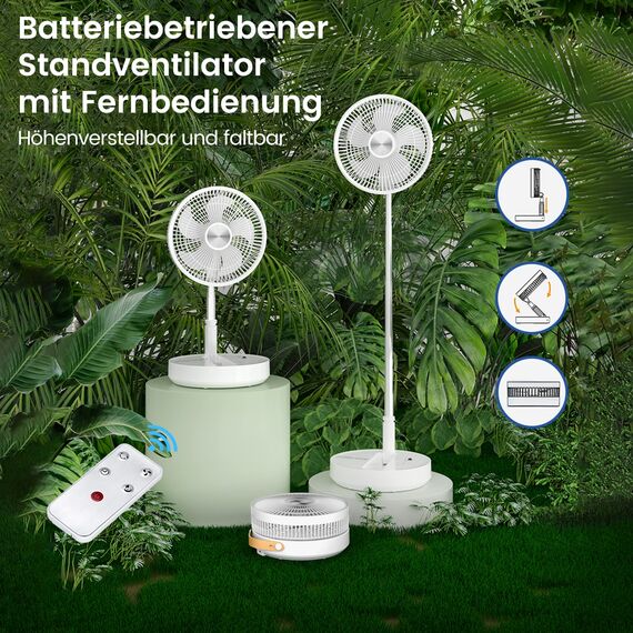 Primevolve Standventilator mit Fernbedienung, 7200 mAh Akku USB Tischventilator, Tragbarer Ventilator leise 10", Faltbarer Standventilator für Camping, Büro, Schlafzimmer, P2000 Weiß