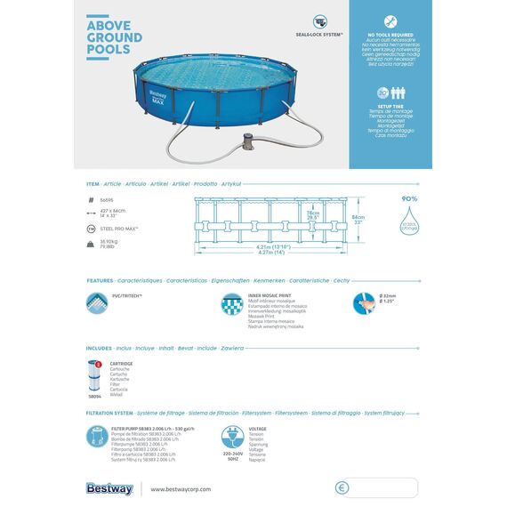 Bestway Steel Pro Max Stahlrahmenpool-Set mit Filterpumpe und Zubehör, 10220 L, blau, 427 x 427 x 84 cm
