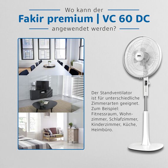 Fakir prestige VC 60 DC – Standventilator mit Fernbedienung & 24 Leistungsstufen I Ventilator mit 90 °Oszillation & Timer I Höhenverstellbar von 110-140 cm I Weiß I 28 Watt, 6959009