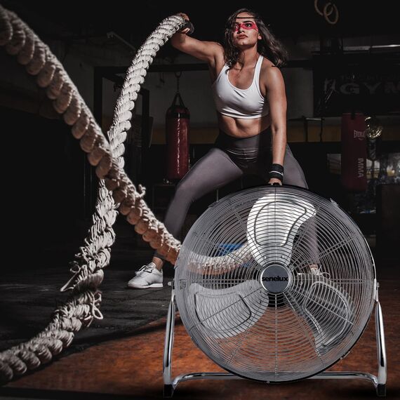 Senelux Bodenventilator - Chrome Gym Fan - 50,8 cm elektrischer tragbarer Lüfter für den Heim-/Fitnessraum-/Bürogebrauch – 3 Geschwindigkeitsstufen mit Neigungsfunktion