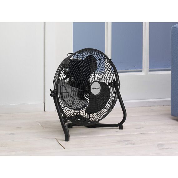 Bestron Bodenventilator im Retro-Stil, Windmaschine mit 3 Geschwindigkeitsstufen & stufenlos neigbarem Ventilatorkopf, Raumlüfter im Chrom-Design, Höhe: 39 cm, Ø 35 cm, 55 W, Farbe: Schwarz