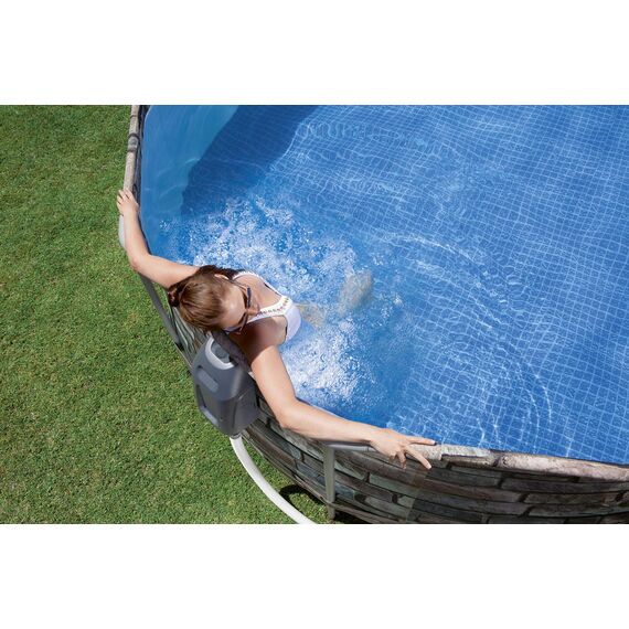 Bestway Comfort Jet 610x366x122 cm, Stabiler Frame Pool oval im Komplett Set mit Massagefunktion, inklusive Filterpumpe, Leiter und LED-Licht