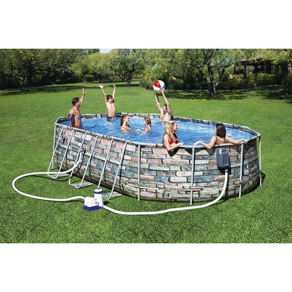 Bestway Comfort Jet 610x366x122 cm, Stabiler Frame Pool oval im Komplett Set mit Massagefunktion, inklusive Filterpumpe, Leiter und LED-Licht