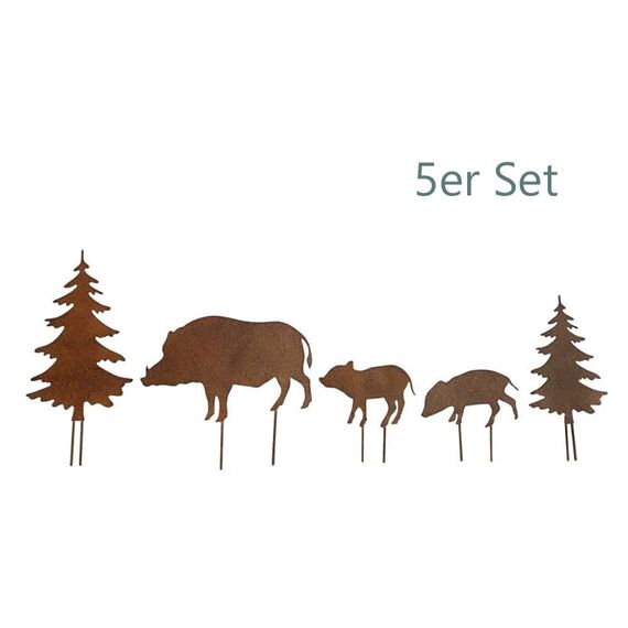 LB H&F 5er Set ROSTSTECKER Wilschwein Familie Herbstdeko Gartendeko Deko Dekoration Dekofigur Herbst Winter Metall Rost (Wildschwein Set)