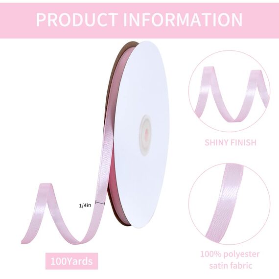 Toniful Satinband, dünnes, einfarbiges Satinband für Geschenkverpackungen, Basteln, Haarschleifen, Hochzeitsdekoration, Einladungskarten, Blumensträuße, 0,6 cm x 91 m, Babyrosa