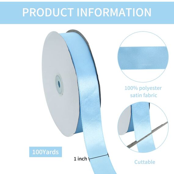 Toniful Satinband, dünnes, einfarbiges Satinband für Geschenkverpackungen, Basteln, Haarschleifen, Hochzeitsdekoration, Einladungskarten, Blumensträuße, 2,5 cm x 91 m, Himmelblau