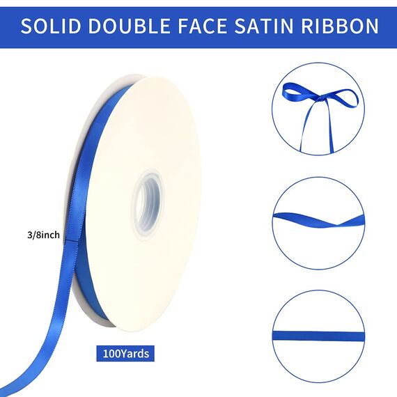 TONIFUL 3/8 Inch x 100yds Royal Blue Satin Ribbon Thin Solid Fabric Ribbons Roll for Gift Wrapping Invitation Floral Hair Balloons Craft Sewing Party Wedding Popsicles Decoration