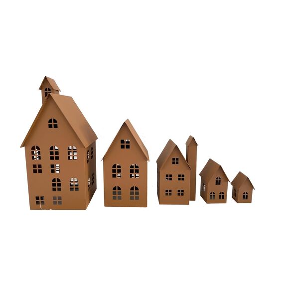 LB H&F 5er Set Häuser Gartendeko Lichthäuser AUFSTELLER Haus Dekoration Dekofigur Herbst Winter Metall Rost (Lichthaus)