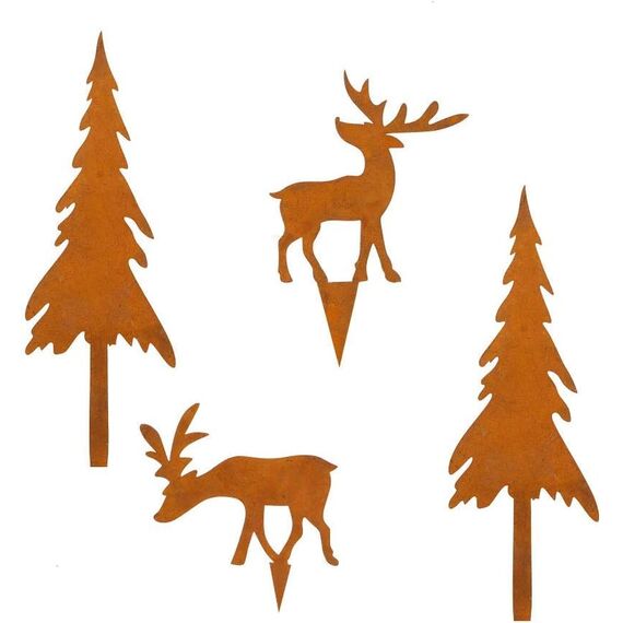 LB H&F 4er Set ROSTSTECKER Elch/Bäume Adventsdeko Weihnachtsdeko Gartendeko Edelrost Tannenbaum Dekoration Hirsch Dekofigur Adventskranz Herbst Winter Metall Rost