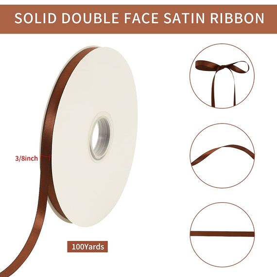 TONIFUL 3/8 Inch x 100yds Coffee Brown Color Satin Ribbon Thin Solid Fabric Ribbons Roll for Gift Wrapping Invitation Floral Hair Balloons Craft Sewing Party Wedding Popsicles Decoration