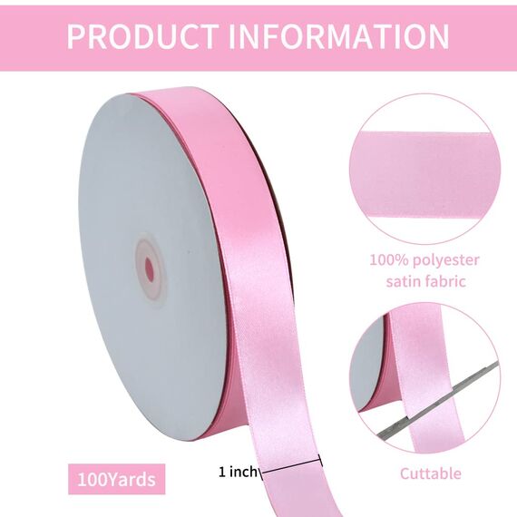 Toniful Satinband, dünnes, einfarbiges Satinband für Geschenkverpackungen, Basteln, Haarschleifen, Hochzeitsdekoration, Einladungskarten, Blumensträuße, Weihnachten, 2,5 cm x 91 m, Babyrosa