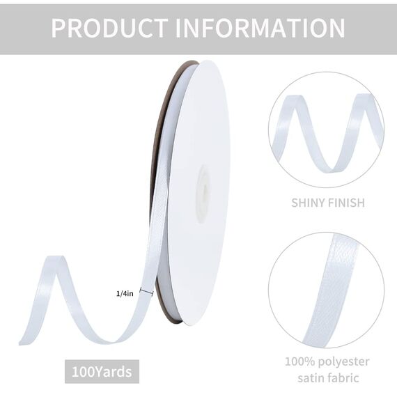 Toniful Satinband, dünnes, einfarbiges Satinband für Geschenkverpackungen, Basteln, Haarschleifen, Hochzeitsdekoration, Einladungskarten, Blumensträuße, 0,6 cm x 91 m, Weiß