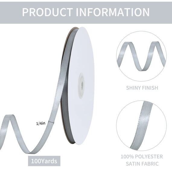 Toniful Satinband, dünnes, einfarbiges Satinband für Geschenkverpackungen, Basteln, Haarschleifen, Hochzeitsdekoration, Einladungskarten, Blumensträuße, 0,6 cm x 91 m, Silberfarben