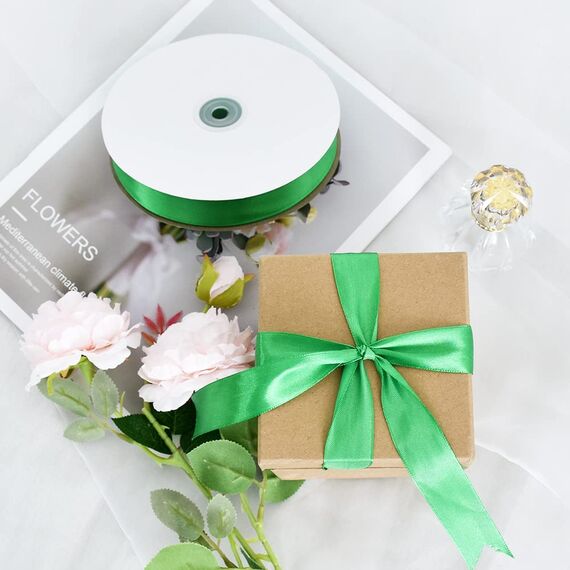 Toniful Satinband, dünnes, einfarbiges Satinband für Geschenkverpackungen, Basteln, Haarschleifen, Hochzeitsdekoration, Einladungskarten, Blumensträuße, 2,5 cm x 91 m, Grün