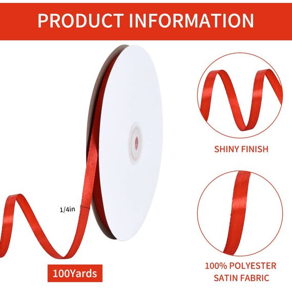 Toniful Satinband, dünnes, einfarbiges Satinband für Geschenkverpackungen, Basteln, Haarschleifen, Hochzeitsdekoration, Einladungskarten, Blumensträuße, 2,5 cm x 91 m, Rot