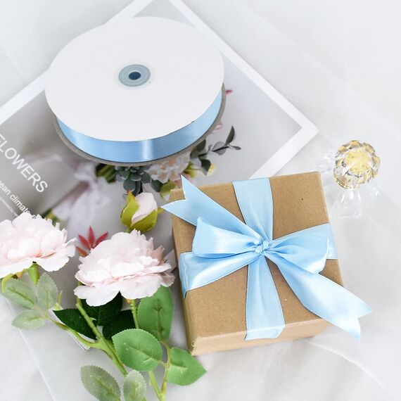 Toniful Satinband, dünnes, einfarbiges Satinband für Geschenkverpackungen, Basteln, Haarschleifen, Hochzeitsdekoration, Einladungskarten, Blumensträuße, 2,5 cm x 91 m, Himmelblau
