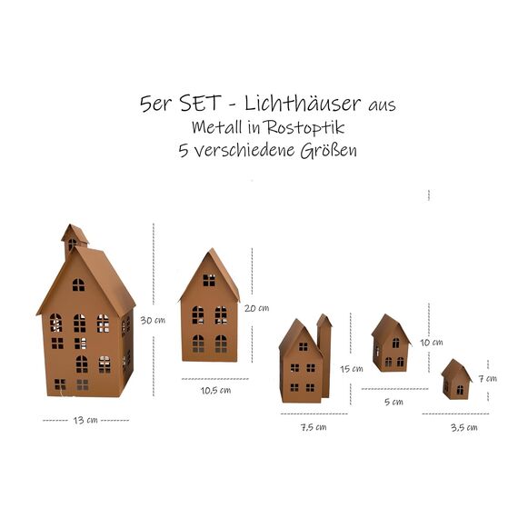 LB H&F 5er Set Häuser Gartendeko Lichthäuser AUFSTELLER Haus Dekoration Dekofigur Herbst Winter Metall Rost (Lichthaus)