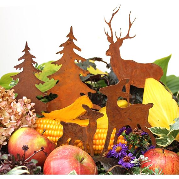 LB H&F 5er Set ROSTSTECKER Hirsch/REH/Bäume Familie Herbstdeko Gartendeko Deko Dekoration Dekofigur Herbst Winter Metall Rost (Hirsch Set)