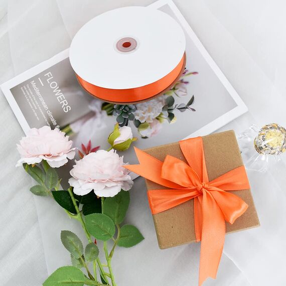 Toniful Satinband, dünnes, einfarbiges Satinband für Geschenkverpackungen, Basteln, Haarschleifen, Hochzeitsdekoration, Einladungskarten, Blumensträuße, 2,5 cm x 91 m, Orange