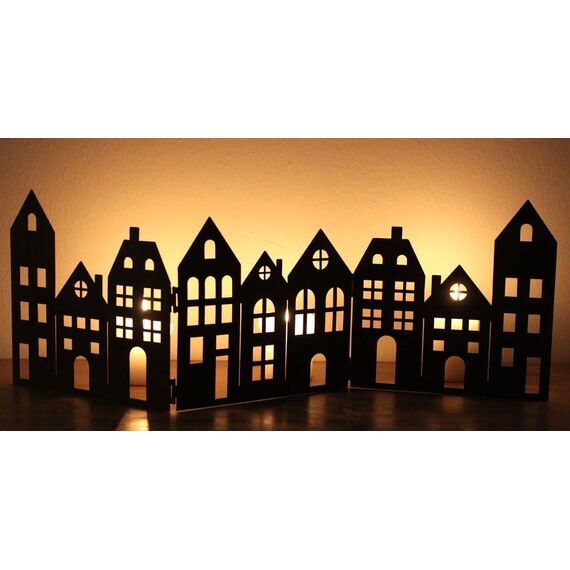 LB H&F Häuserreihe Häuser Silhouette Haus Deko Dekoration Dekofigur Weihnachten Advent Herbst Winter Metall 64cm (Haus Rost Teelichthalter GR)
