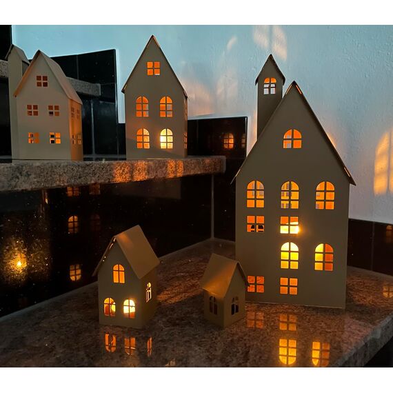 LB H&F 5er Set Häuser Gartendeko Lichthäuser AUFSTELLER Haus Dekoration Dekofigur Herbst Winter Metall Rost (Lichthaus)