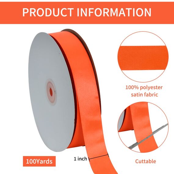 Toniful Satinband, dünnes, einfarbiges Satinband für Geschenkverpackungen, Basteln, Haarschleifen, Hochzeitsdekoration, Einladungskarten, Blumensträuße, 2,5 cm x 91 m, Orange