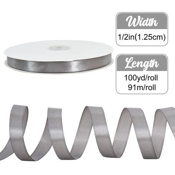 Toniful Satinband, dünnes, einfarbiges Stoffband für Einladungen, Geschenkverpackungen, Schleifenherstellung, Blumensträuße, Valentinstags-, Hochzeits-, Party-Dekoration, 1,27 cm x 91 m, Silberfarben