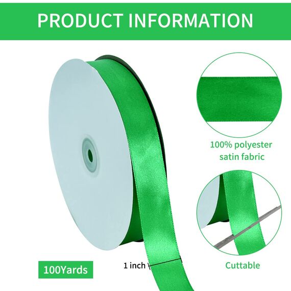 Toniful Satinband, dünnes, einfarbiges Satinband für Geschenkverpackungen, Basteln, Haarschleifen, Hochzeitsdekoration, Einladungskarten, Blumensträuße, 2,5 cm x 91 m, Grün