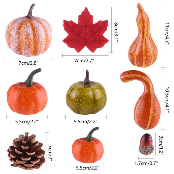 FEPITO 56 Stück Herbst Thanksgiving-Dekorationen, Mini Artificial Kürbisse und Tannenzapfen, Blätter und Eicheln für Party- und Dekorationsausstattung, Halloween und Thanksgiving