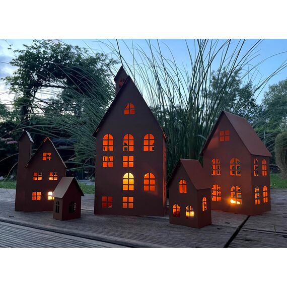 LB H&F 5er Set Häuser Gartendeko Lichthäuser AUFSTELLER Haus Dekoration Dekofigur Herbst Winter Metall Rost (Lichthaus)