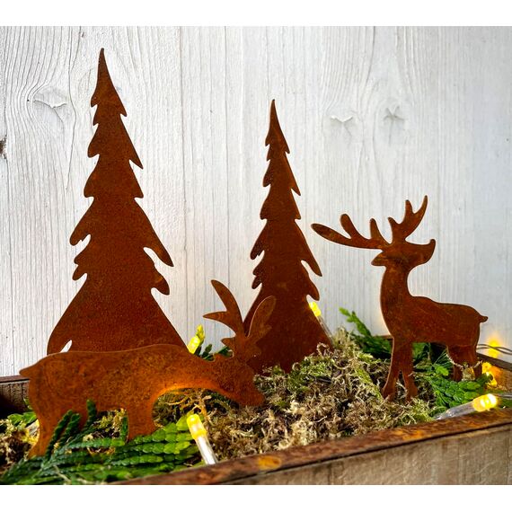 LB H&F 4er Set ROSTSTECKER Elch/Bäume Adventsdeko Weihnachtsdeko Gartendeko Edelrost Tannenbaum Dekoration Hirsch Dekofigur Adventskranz Herbst Winter Metall Rost