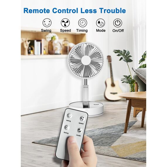 UNITEDTIME Tragbarer Ventilator Faltbares Wiederaufladbares [Fernbedienung] Foldaway Stehendes Pedestal Oszillierende Timer für Camping Reisen, Schlafzimmer, Klappbar (Weiß)