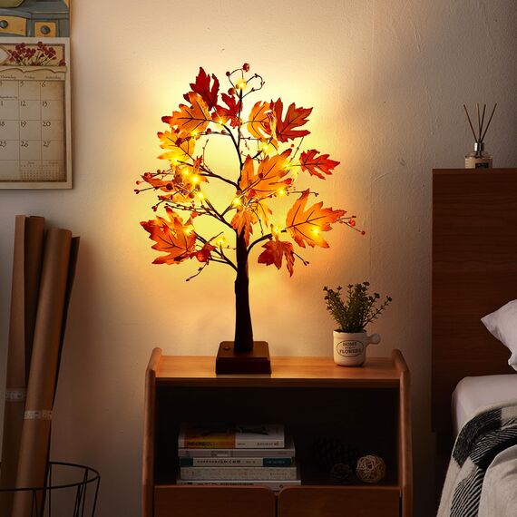 ACAREY Herbstdeko Ahornblatt Baum Lichter, 61cm Herbst Dekoration Lichterbaum Für Innen mit Timer, Herbst Deko Lichterbaum Herbstblätter Kürbis Deko Für Tisch Halloween Herbstdeko Zum Aufhängen