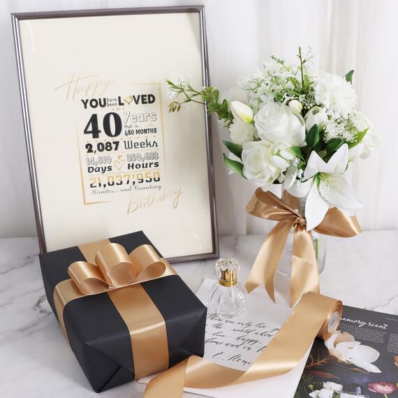 TONIFUL Satin Geschenkband Goldband 4cm x 91m, 1 Rolle Schleifenband für Geschenkverpackung und Partydekoration, Hochwertiges Geschenkband Geburtstagsparty