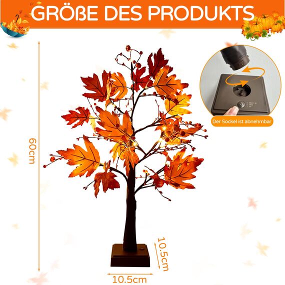ACAREY Herbstdeko Ahornblatt Baum Lichter, 61cm Herbst Dekoration Lichterbaum Für Innen mit Timer, Herbst Deko Lichterbaum Herbstblätter Kürbis Deko Für Tisch Halloween Herbstdeko Zum Aufhängen