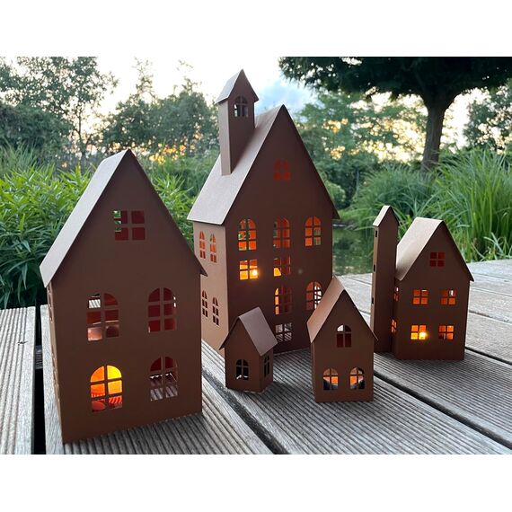 LB H&F 5er Set Häuser Gartendeko Lichthäuser AUFSTELLER Haus Dekoration Dekofigur Herbst Winter Metall Rost (Lichthaus)